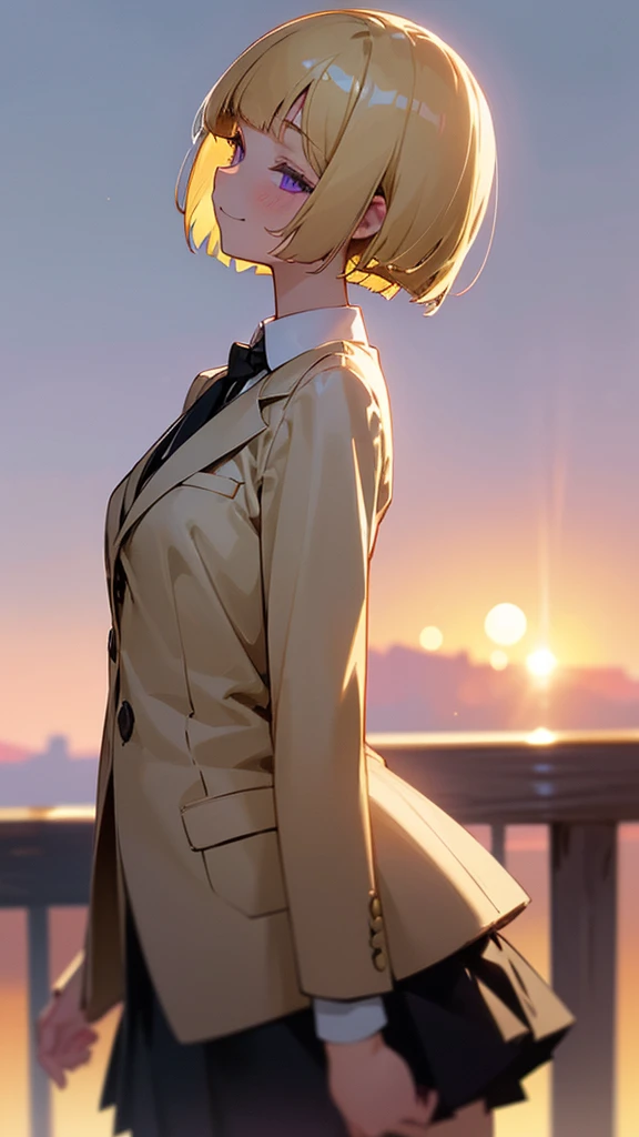 1 Girl、8K、Sharp focus、(Bokeh) (Highest quality) (Detailed skin:1.3) (Intricate details) (anime)、(blonde)、short hair、Bobcut、Blunt bangs、Beautiful purple eyes、Slender body、White shirt、Black mini skirt、Black Fitted Blazer、profile、Calm face、Mouth closed、Cheeky Smile、Squint your eyes、Park in the background、sunset、Soft lighting.