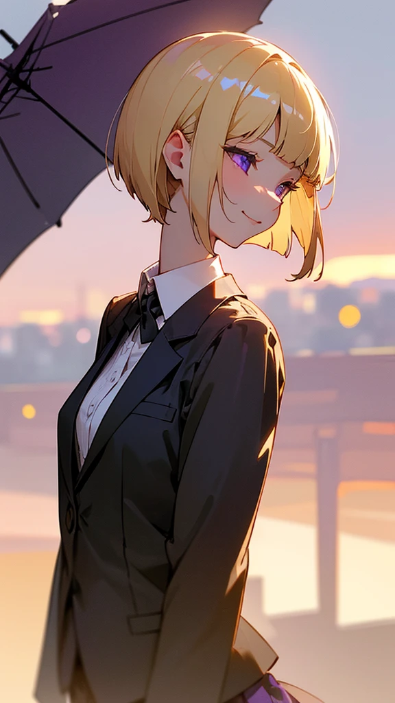 1 Girl、8K、Sharp focus、(Bokeh) (Highest quality) (Detailed skin:1.3) (Intricate details) (anime)、(blonde)、short hair、Bobcut、Blunt bangs、Beautiful purple eyes、Slender body、White shirt、Black mini skirt、Black Fitted Blazer、profile、Calm face、Mouth closed、Cheeky Smile、Squint your eyes、Park in the background、sunset、Soft lighting.