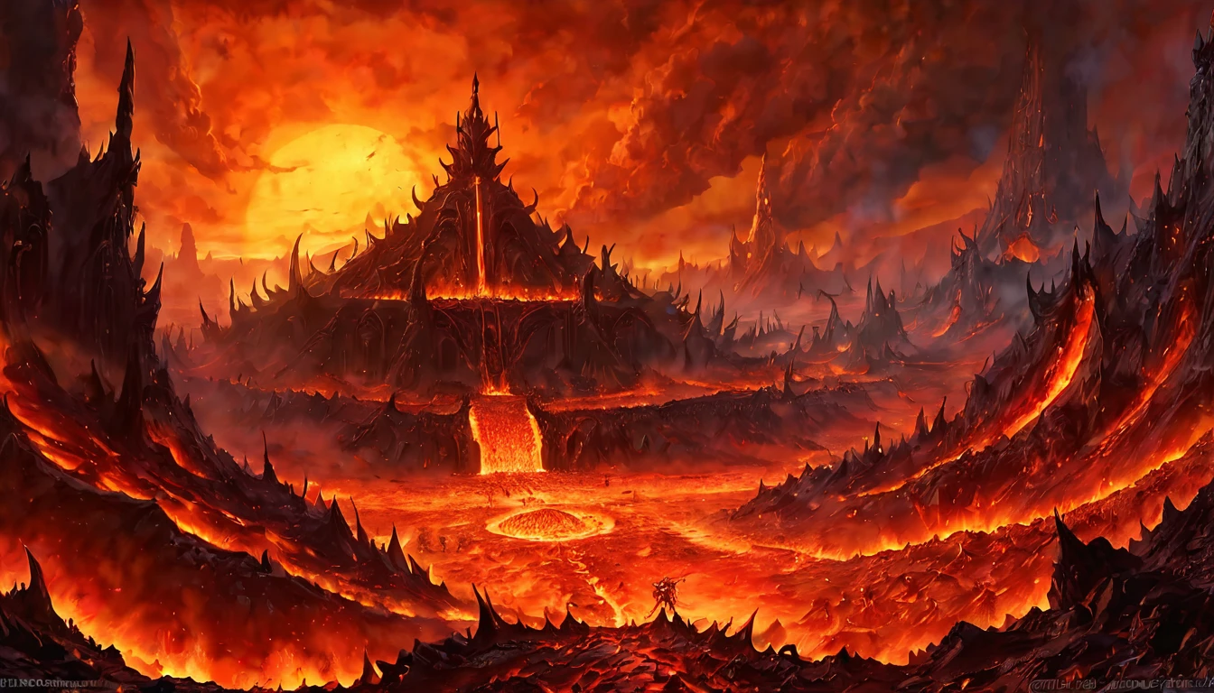 24k, ultra-detailed， infernal landscape, The bottom of hell, the final battle in hell, Apocalyptic landscape!!!!!, mustafar, Infernal ruins, ! Apocalyptic landscape!!, Impressive D. & D The art of the dark sun, portal to hell, portal to hell, World of Warcraft art, rescue from the underworld!!!!!