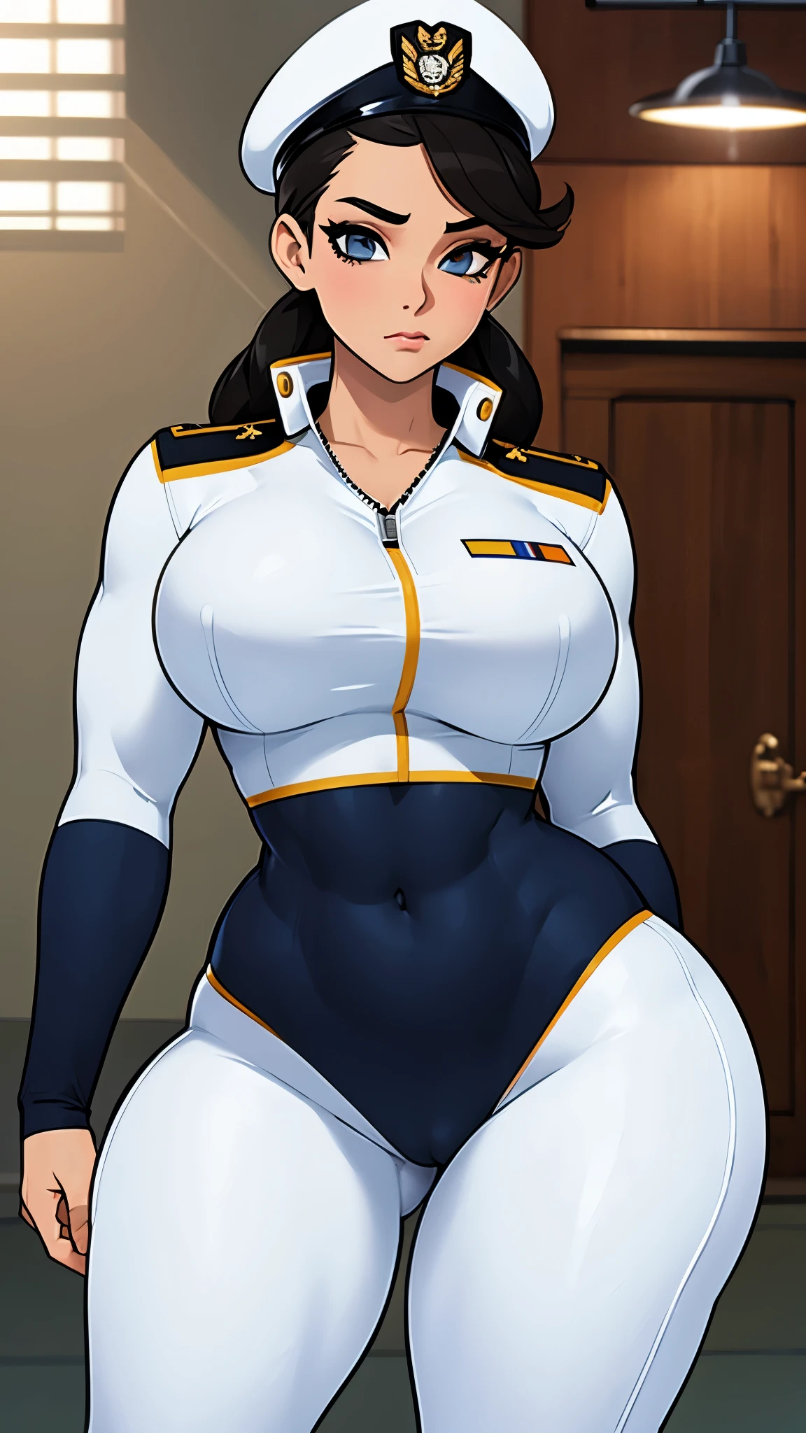 Military woman, navy uniform, curvy, athletic body