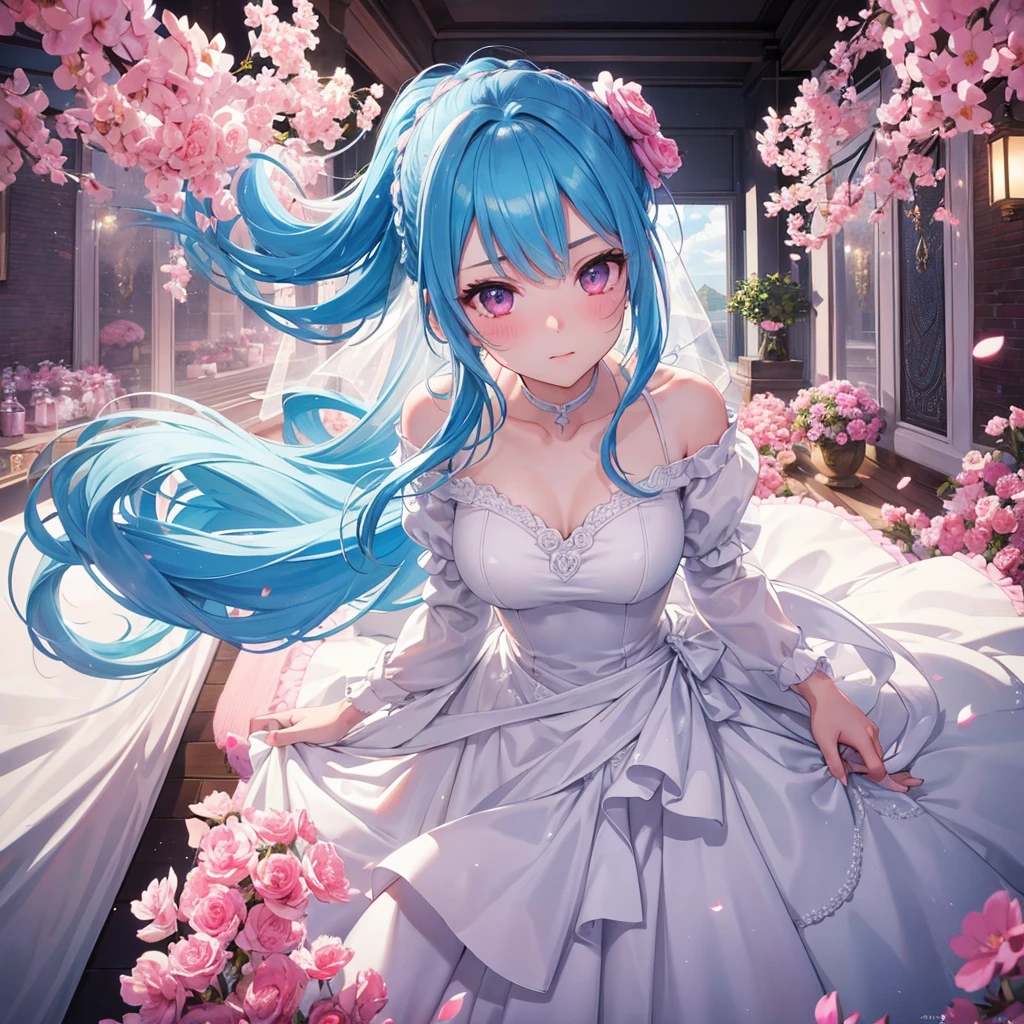 sky Blue hair, (braided ponytail),(pink eyes),fair skin ,(full body),(1 girl),bride,blush,Straight Bangs, June Bride,Wedding dress,(masterpiece, best quality, ultra-detailed, best shadow), (detailed background), (beautiful detailed face), high contrast, (best illumination, an extremely delicate and beautiful), ((cinematic light)), colorful, hyper detail, dramatic light, intricate details,Wedding hall,