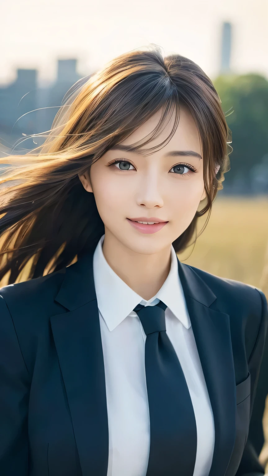 highest quality、genuine、Super detailed、finely、High resolution、8k wallpaper、one beautiful woman、、、light brown disheveled hair、wearing a business suit、sharp focus、perfect dynamic composition、beautiful and detailed eyes、thin hair、Detailed genuine skin texture、smile、model body shape、In Tokyo at morning、In a windswept meadow