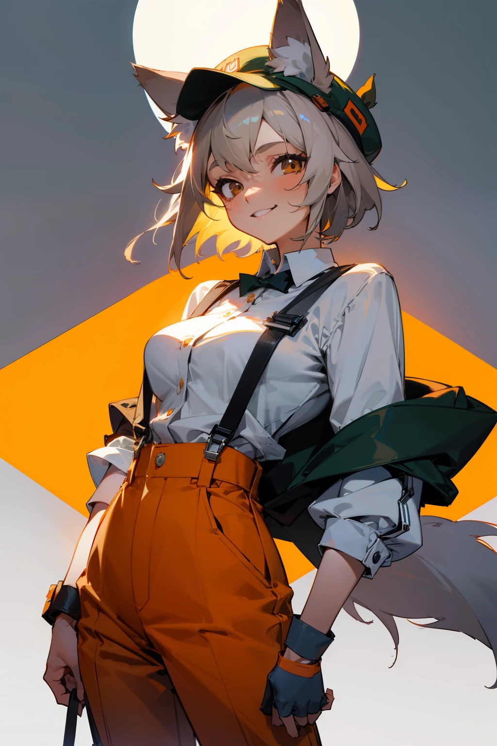 Cute girl, wolf ears, evil smile, short light gray hair, brown eyes, small light green hat, orange pants: Short pants with suspenders, rising to the shoulders.
It has orange straps that extend from the front to the shoulders, and large breasts