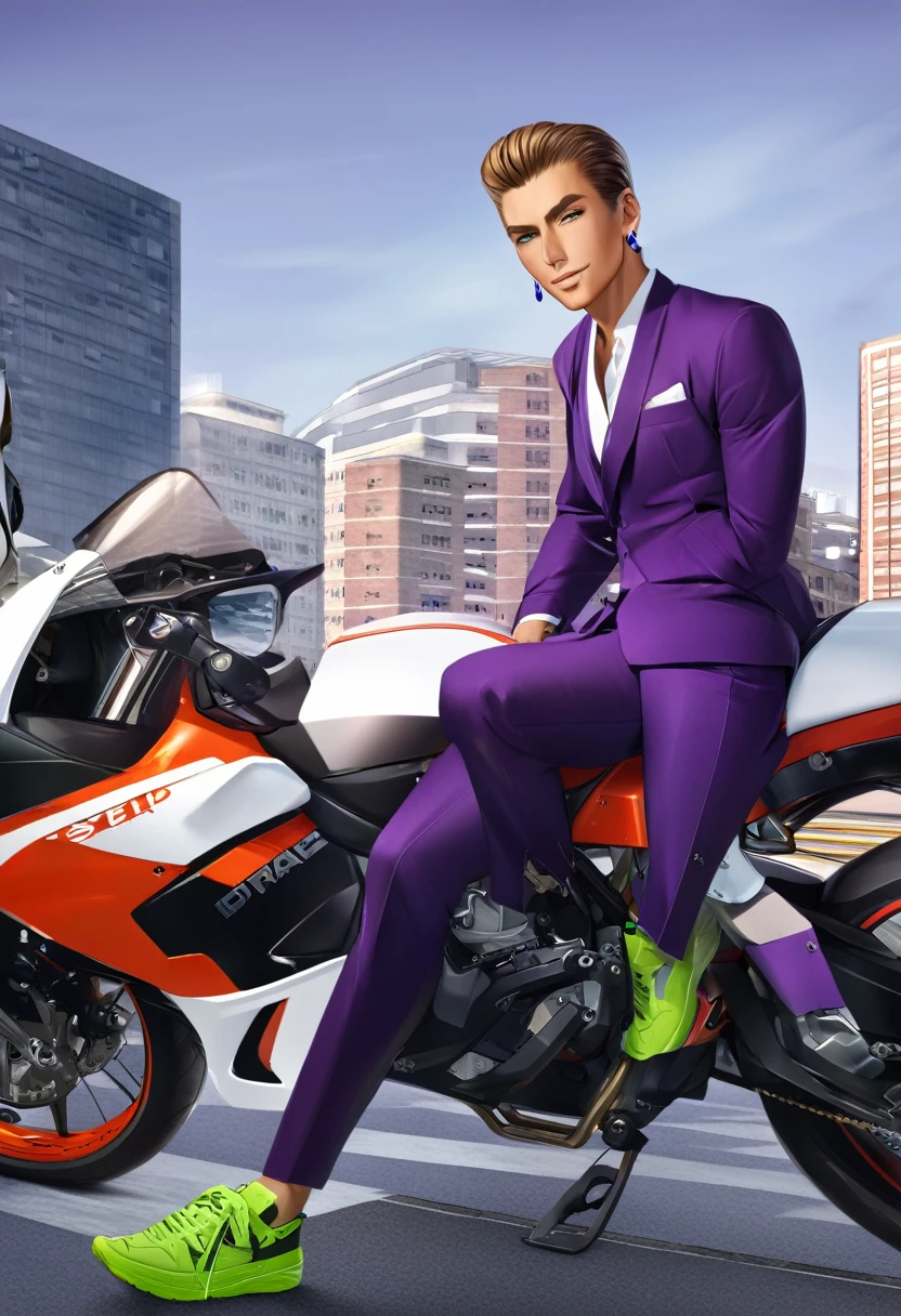 ((Angel)), Masculine, tall, slicked back with elegant and modern quiff, middle-aged, front view, tanned, smooth, radiant, healthy skin, bright, navy blue eyes, with highlights, ((wearing purple suit with pink details)), confident smile, mouth semi-open, relaxed expression, orange and brown hair, pompadour hairstyle, shiny, detailed, (((navy blue earrings))), elegant, (((black pants))), ((((green tennis shoes)))), many accessories, full body, wearing a motorcycle, modern city background, office building, elegant, illuminated, 8k quality, extremely detailed, masterpiece, high resolution, realistic skin texture, hyper realistic, increase resolution, raw photos, best quality, highly detailed, background screen, cinematic lighting, ray trace, golden ratio, dynamic angle, looking at viewer, in elegant position, best posture, ((full body))