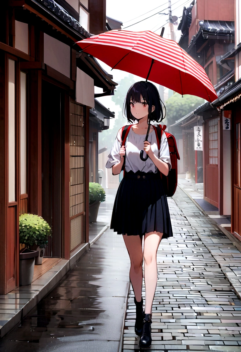 Girl walking in town,Holding an umbrella,Backpack,it's raining,Walking in Kyoto,Boyish clothing,white,shirt,