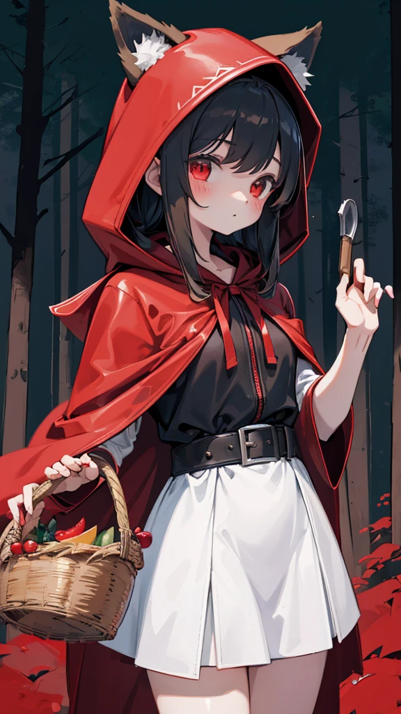 grace，Cool girl，Handsome girl，little Red Riding Hood，Red Cape，Red hood斗篷，Forest Background，Forest Background，Hooded girl with a basket，Wave Girl，Wolf Ear Girl，Wolf Ear Hood，Red hood，Close-up above the waist，Tight leather jacket，Shotgun，手持Shotgun，Hunter style girl