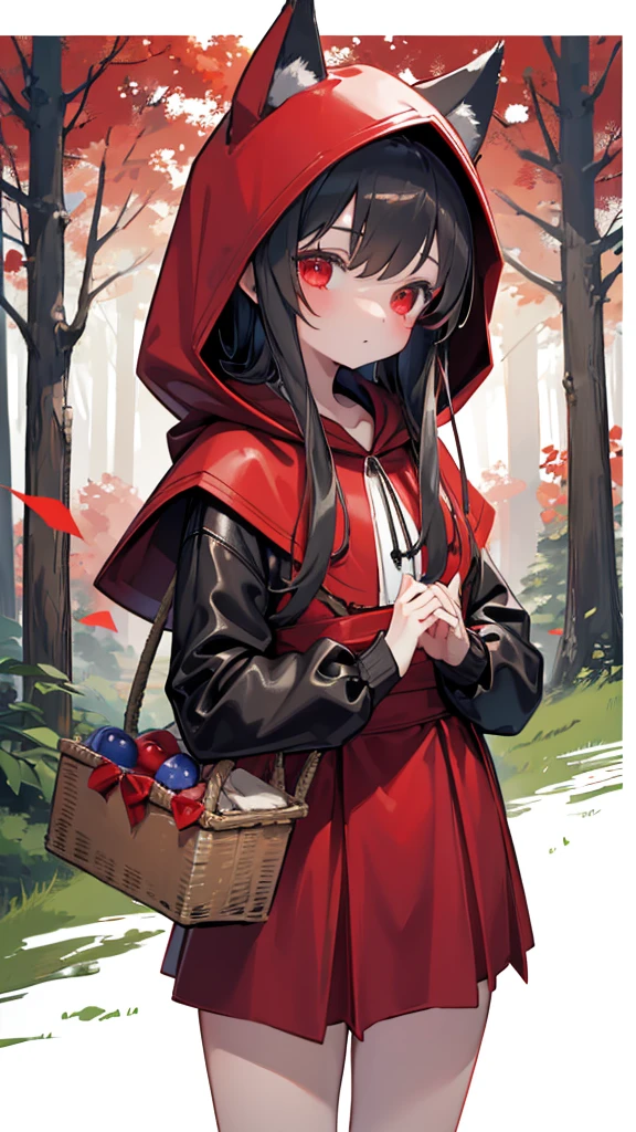 grace,Cool girl,Handsome girl,little Red Riding Hood,Red Cape,Red hood斗篷,Forest Background,Forest Background,Hooded girl with a basket,Wave Girl,Wolf Ear Girl,Wolf Ear Hood,Red hood,Close-up above the waist,Tight leather jacket,Shotgun,手持Shotgun,Hunter style girl