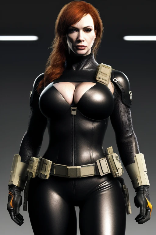 Christina Hendricks as an Metal Gear Solid Character, alluring 48 year old woman, High-quality facial research of Christina Hendricks, (Christina's sculpted cheekbones and slight wrinkles around the face), High-quality detailed research of Christina Hendricks voluptuous figure, large breasts, buxom chested. Fingerless Gloves, skin-tight black leather suit, metal armlets, utility belt, gun holsters, boots. Whole body, Casual pose, Beautiful pose, (Extremely detailed CG 8k wallpaper), (Extremely delicate and beautiful), (Masterpiece), (Best quality: 1.0), (Ultra-high resolution: 1.0), Beautiful lighting, Perfect lighting, Realistic shadows, [high resolution], Detailed skin, Super detailed (((Colorful))), Digital art, metal gear solid concept art, full body concept art, Expert concept art with high detail, concept-art, stealth game concept art, concept-art, Yoji Shinkawa style, Video game concept art, 4K, full body portrait
