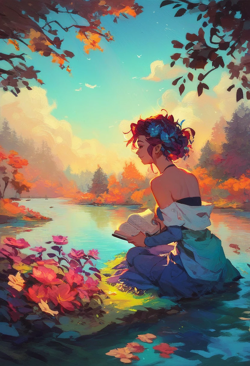 score_9,score_8_up,score_7_up,source_アニメ,Girl reading by the lake, Vibrant colors, spring, Willow branches, Comfort, warm sunlight