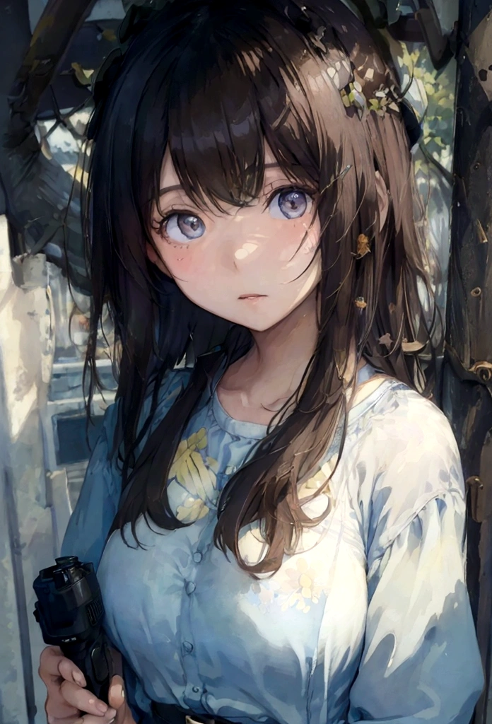 (), big ,(masterpiece), Highest quality, Very detailed, (watercolor), bloom, Delicate and beautiful, figure, (From below),(One girl:1.4), (alone:1.2), Large Breasts, , ((Dark Skin:0.8)), Beautiful Eyes, (Disheveled Hair ), photograph, Over the shoulder shot, Alex Maleev, Professional, Canon Camera, Nikon Camera, sharp, Bokeh, Studio Quality, Fisheye Lens, Robert Capa ,Her breasts are about to be seen
