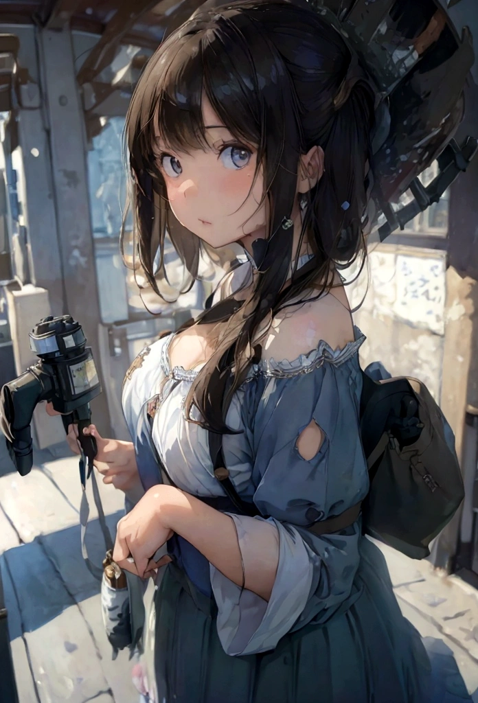 (), big ,(masterpiece), Highest quality, Very detailed, (watercolor), bloom, Delicate and beautiful, figure, (From below),(One girl:1.4), (alone:1.2), Large Breasts, , ((Dark Skin:0.8)), Beautiful Eyes, (Disheveled Hair ), photograph, Over the shoulder shot, Alex Maleev, Professional, Canon Camera, Nikon Camera, sharp, Bokeh, Studio Quality, Fisheye Lens, Robert Capa ,Her breasts are about to be seen