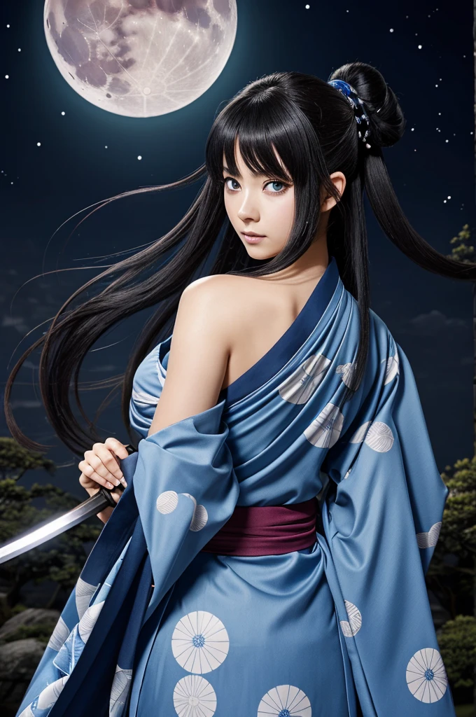 an anime swordswoman kimtsu no yaiba, He has dark blue eyes and his pupils are a small star.,her hair is long covering her entire back, black and the tips of a light blue color, a katana that along the mineral has the faces of the moon, Her kimono is black mixed with blue., and small white spots, on the back of the kimono, has a waning moon, estilo anime kimetsu no yaiba