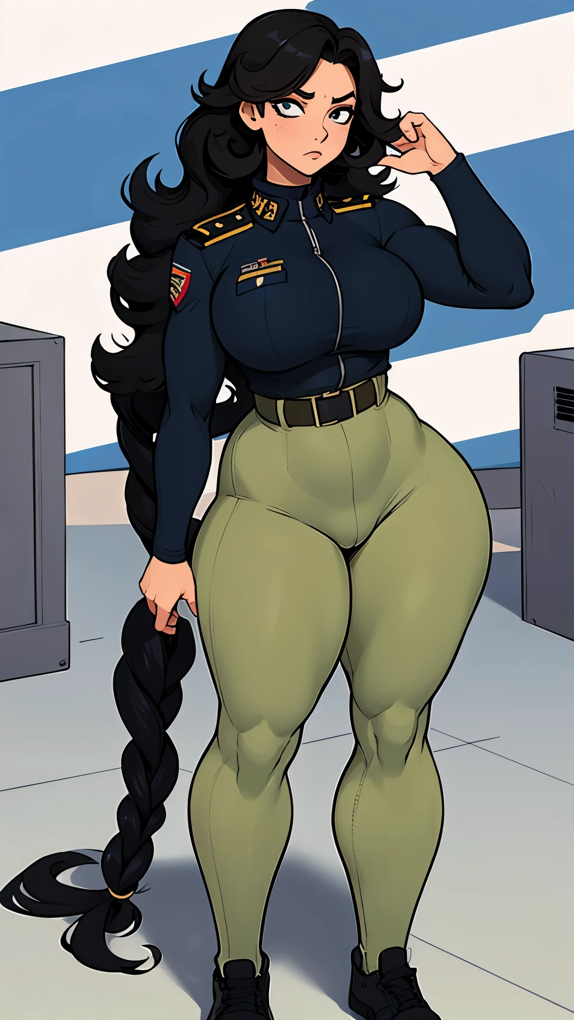 Military woman, navy uniform, leotardo, curvy, athletic body, black long curly hair