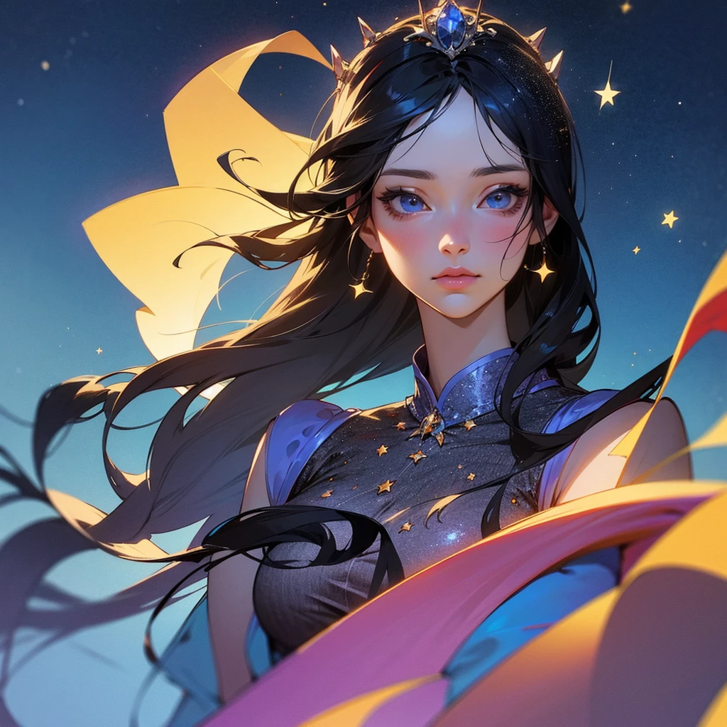 Make a princess with a realistic face in manga.
With beautiful long black hair. And a blue princess dress the color of the sky with stars and the universe on the dress.