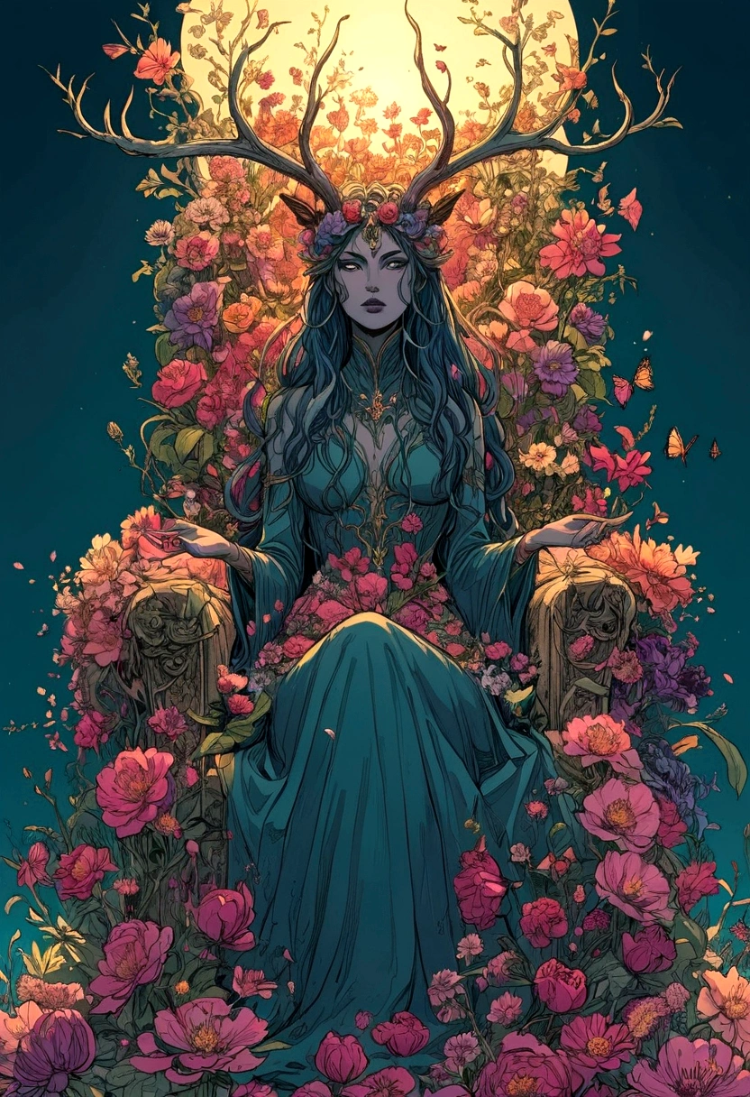 illustrate, splash page comic, 90's action cinematic, throne of power, maximal power, flourishing flowers in bloom throne, throne made of flowers and vines, rewilding, entropy, Flower feminine wendigo, wendigo features, resembles wendigo, wendigo facial features, flower horns, floating meditating seated on throne, flower hand drawn color, ink the style of sean gordon murphy and joelle jones, comic drawing, rare flowers, delicate petals, highly detailed flowers, garden, highly detailed trees and face, flower costume, detailed line art. color palette, evening dusk sunset, foreground butterflies and hummingbirds, colorful flower garden, dream garden, gardens under which rivers flow, beautiful gardens of everlasting bliss, vibrant botanical, tranquility 

