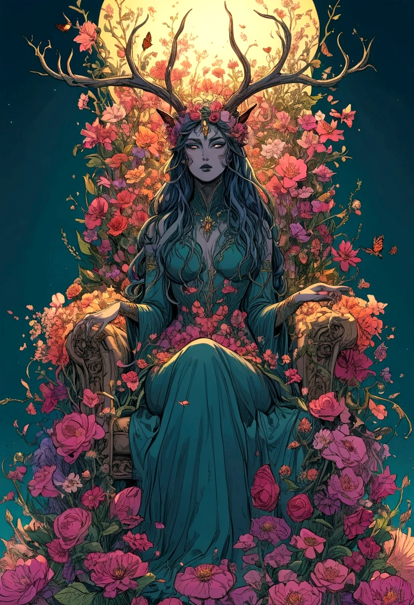 illustrate, splash page comic, 90's action cinematic, throne of power, maximal power, flourishing flowers in bloom throne, throne made of flowers and vines, rewilding, entropy, Flower feminine wendigo, wendigo features, resembles wendigo, wendigo facial features, flower horns, floating meditating seated on throne, flower hand drawn color, ink the style of sean gordon murphy and joelle jones, comic drawing, rare flowers, delicate petals, highly detailed flowers, garden, highly detailed trees and face, flower costume, detailed line art. color palette, evening dusk sunset, foreground butterflies and hummingbirds, colorful flower garden, dream garden, gardens under which rivers flow, beautiful gardens of everlasting bliss, vibrant botanical, tranquility