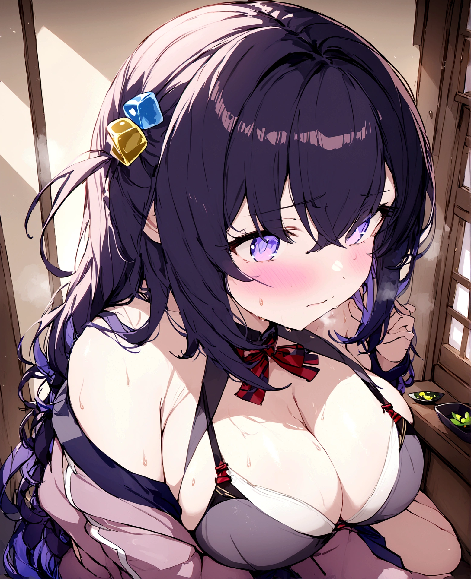 (masterpiece:1.2), hyper detail, best quality, (intricate_details:1.1), beautiful detailed, beautiful hair, solo, 1girl,GOTOHDEF, ONE SIDE UP, CUBE HAIR ORNAMENT
PINK JACKET, TRACK JACKET,black SKIRT, sweating,steam,heavy breathing,steam,blush,Wariza,from above,jacket half off shoulder,shoulder,((white bra)),cleavage,on the floor,dark, backlighting, shoulder focus,breasts focus,greasy breasts,thighs