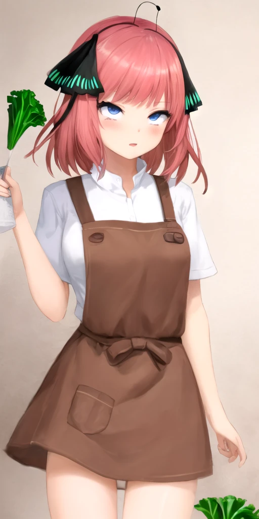 1 girl, standing alone, nakano nino, pink hair, butterfly hair ornament, (Kale:1.3), (white apron), breasts big, neckleace, thicc thighs, coffee background, (blushful:1.3)