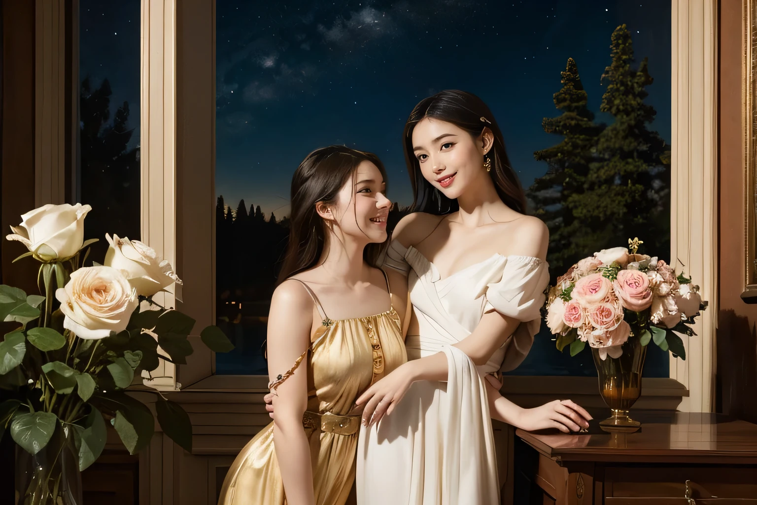 Giorgione painting style,Arguments of two female Philosophe,math、astronomical machine、astronaut、roses in vase、fruits、Cute trinkets、smile、ancient greek costume、Background is a forest lake at night 、Clothes that stretch your shoulders、A big smile