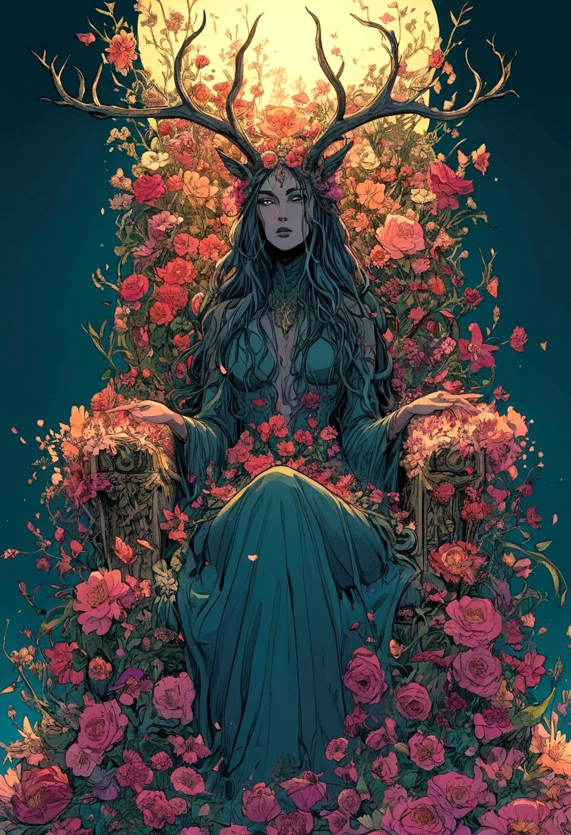 illustrate, splash page comic, 90's action cinematic, throne of power, maximal power, flourishing flowers in bloom throne, throne made of flowers and vines, rewilding, entropy, Flower feminine wendigo, wendigo features, resembles wendigo, wendigo facial features, flower horns, floating meditating seated on throne, flower hand drawn color, ink the style of sean gordon murphy and joelle jones, comic drawing, rare flowers, delicate petals, highly detailed flowers, garden, highly detailed trees and face, flower costume, detailed line art. color palette, evening dusk sunset, foreground butterflies and hummingbirds, colorful flower garden, dream garden, gardens under which rivers flow, beautiful gardens of everlasting bliss, vibrant botanical, tranquility