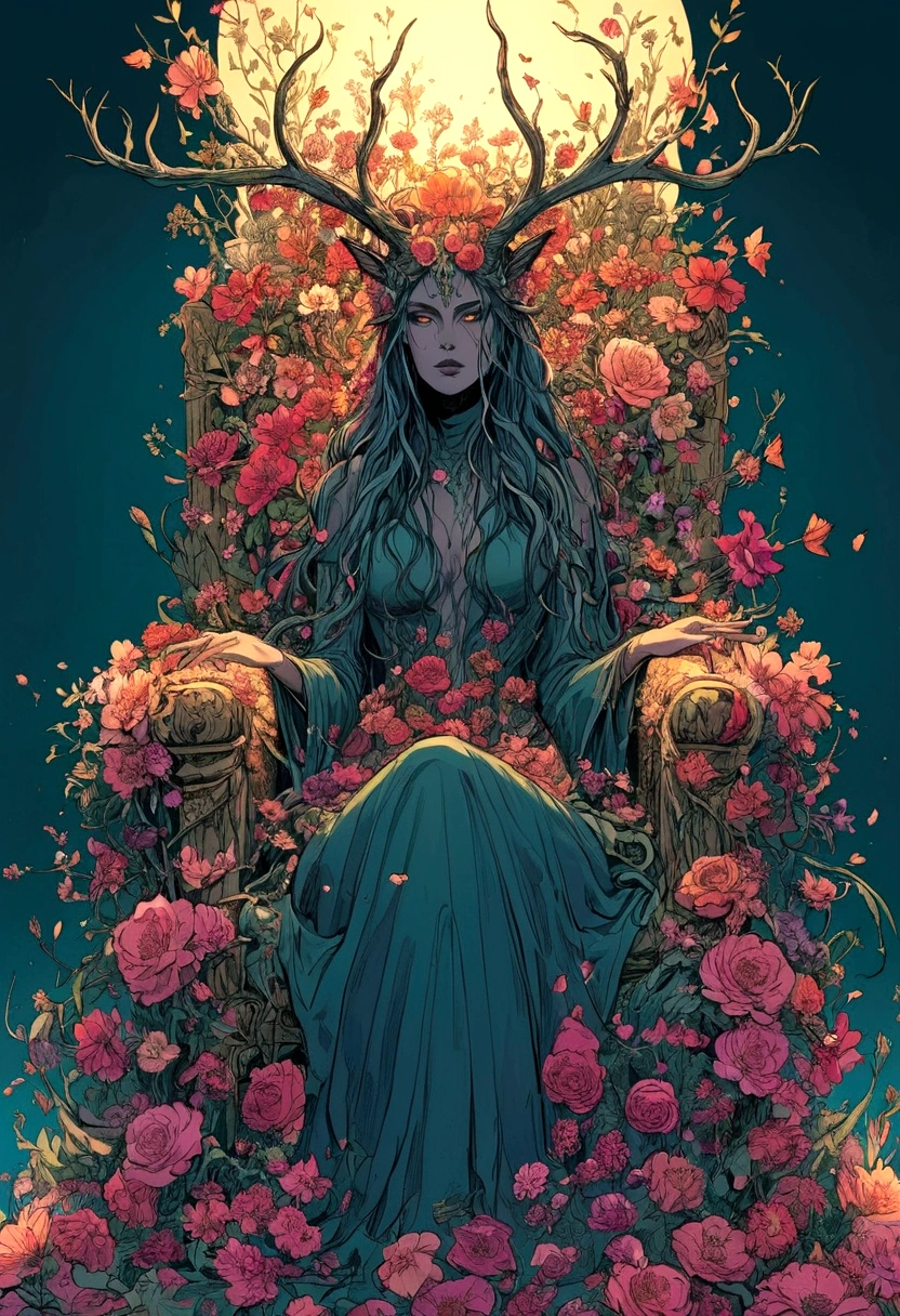 illustrate, splash page comic, 90's action cinematic, throne of power, maximal power, flourishing flowers in bloom throne, throne made of flowers and vines, rewilding, entropy, Flower feminine wendigo, wendigo features, resembles wendigo, wendigo facial features, flower horns, floating meditating seated on throne, flower hand drawn color, ink the style of sean gordon murphy and joelle jones, comic drawing, rare flowers, delicate petals, highly detailed flowers, garden, highly detailed trees and face, flower costume, detailed line art. color palette, evening dusk sunset, foreground butterflies and hummingbirds, colorful flower garden, dream garden, gardens under which rivers flow, beautiful gardens of everlasting bliss, vibrant botanical, tranquility