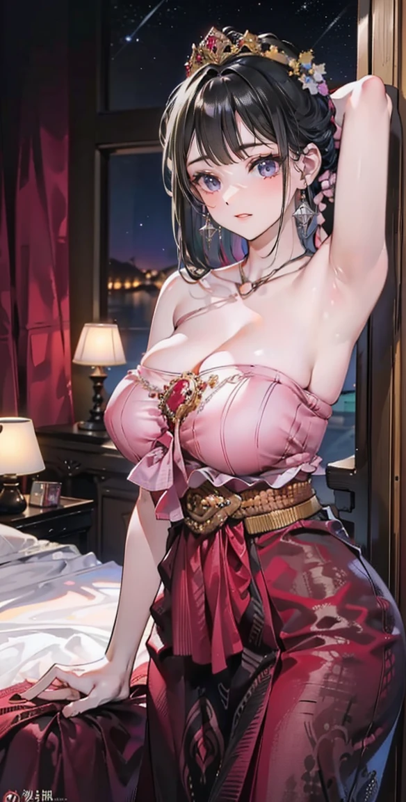 Group of 5 princesses,(5 young women,many young women), (in the bedroom), Various hair styles, harem, Wear a strapless Thai dress...,(very good,no panties) at night, detailed face,Complete breasts,fully, ((big breasts,Breast curtain,Partially naked)) short skirt, mule, Sleeveless , Show your armpits, at night, starry at night,(large areolae:1.4,pink,The nipples are clearly visible.....),((Various postures),(Look at the viewer.:1.5),milf, Highest quality、Highest picture quality、Masterpiece