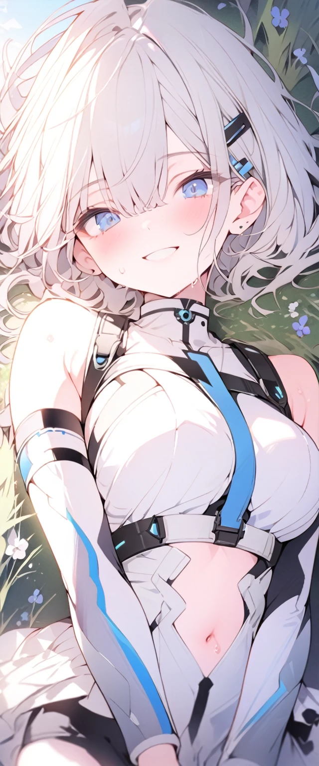 beautiful, masterpiece, Highest quality, anime, One girl, C Cup,Portrait Shot, View your viewers, Covered、Short Hair、nearby、Blue Eyes、art、、White hair,Blue streaked hair、hairpin、Cute smile、Thighs、Cute、blue sky、Beautiful breasts、Full Harness、valley、Sweat、Under Harness、Body Harness、Tightening、Penetration、white_Sci-fi combat uniform、white_Sci-fi underskirt、pierced、See-through_navel、whiteボディストッキング、Lying on your back、grass