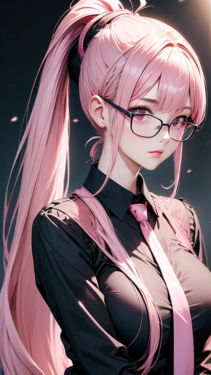 nsfw, Masterpiece, top quality, highly detailed, ((Beautiful mature woman wearing black frame glasses)), (long pink hair ponytail with bangs:1.8), Black school girl uniform with red trim, black blouse shirt, red short tie, close-up of lips, from front,