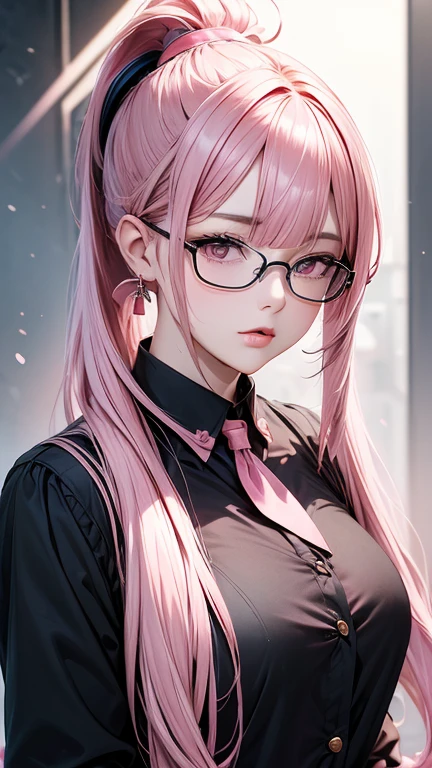 nsfw, Masterpiece, top quality, highly detailed, ((Beautiful mature woman wearing black frame glasses)), (long pink hair ponytail with bangs:1.8), Black school girl uniform with red trim, black blouse shirt, red short tie, close-up of lips, from front,