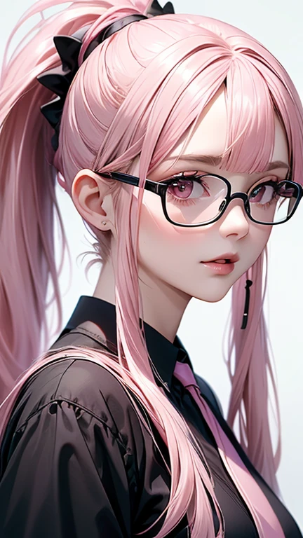 nsfw, Masterpiece, top quality, highly detailed, ((Beautiful mature woman wearing black frame glasses)), (long pink hair ponytail with bangs:1.8), Black school girl uniform with red trim, black blouse shirt, red short tie, close-up of lips, from front,