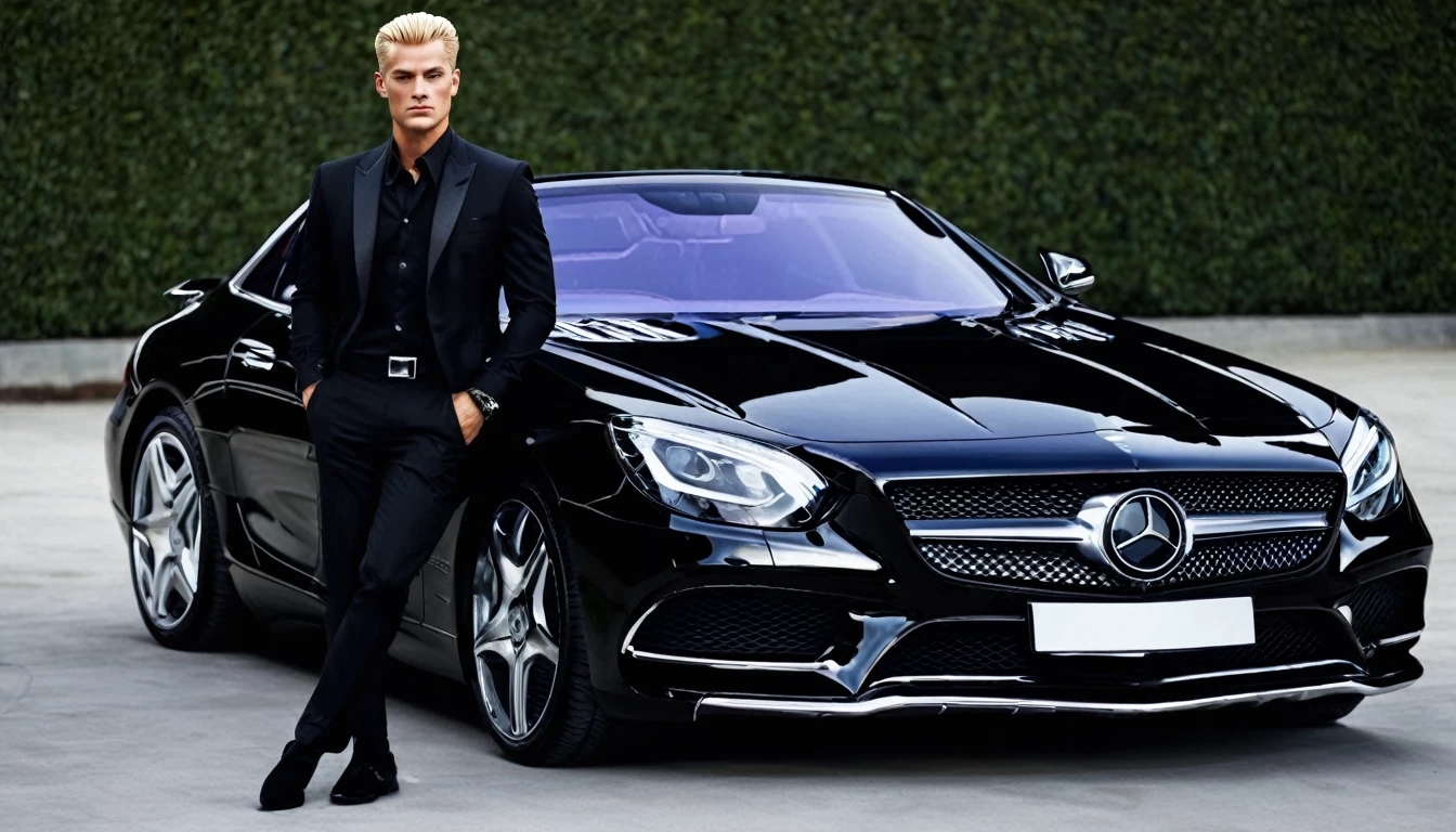I want a blonde man wearing all black formal clothes, in front of a silver Mercedes sports car, in a slightly dark environment