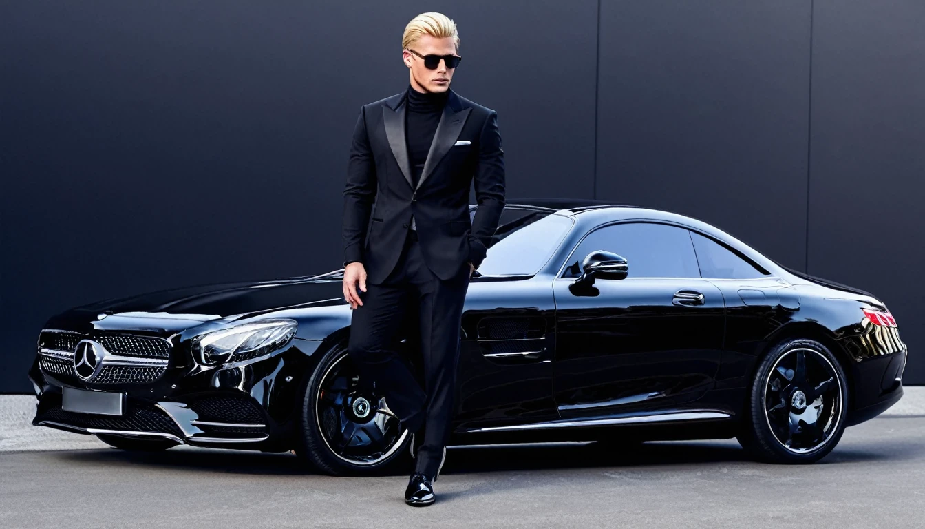 I want a blonde man wearing all black formal clothes, in front of a silver Mercedes sports car, in a slightly dark environment
