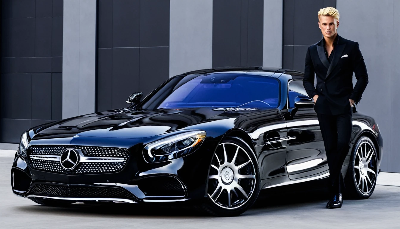 I want a blonde man wearing all black formal clothes, in front of a silver Mercedes sports car, in a slightly dark environment