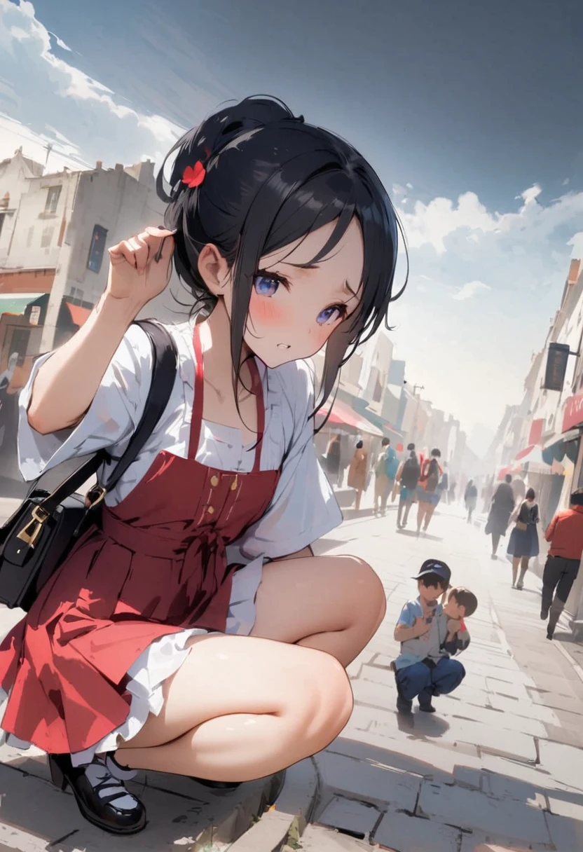 squatting,open legs、Legs2Book、Pussy、M-shaped legs、Spread your legs、sit on the step、In town、bustling street、cap、Shoulder bag、mini skirt、Private Server、Girl、Girl、Younger、Baby Face、flat chest、forehead、Dynamic Angle、I am going to cry、ground
