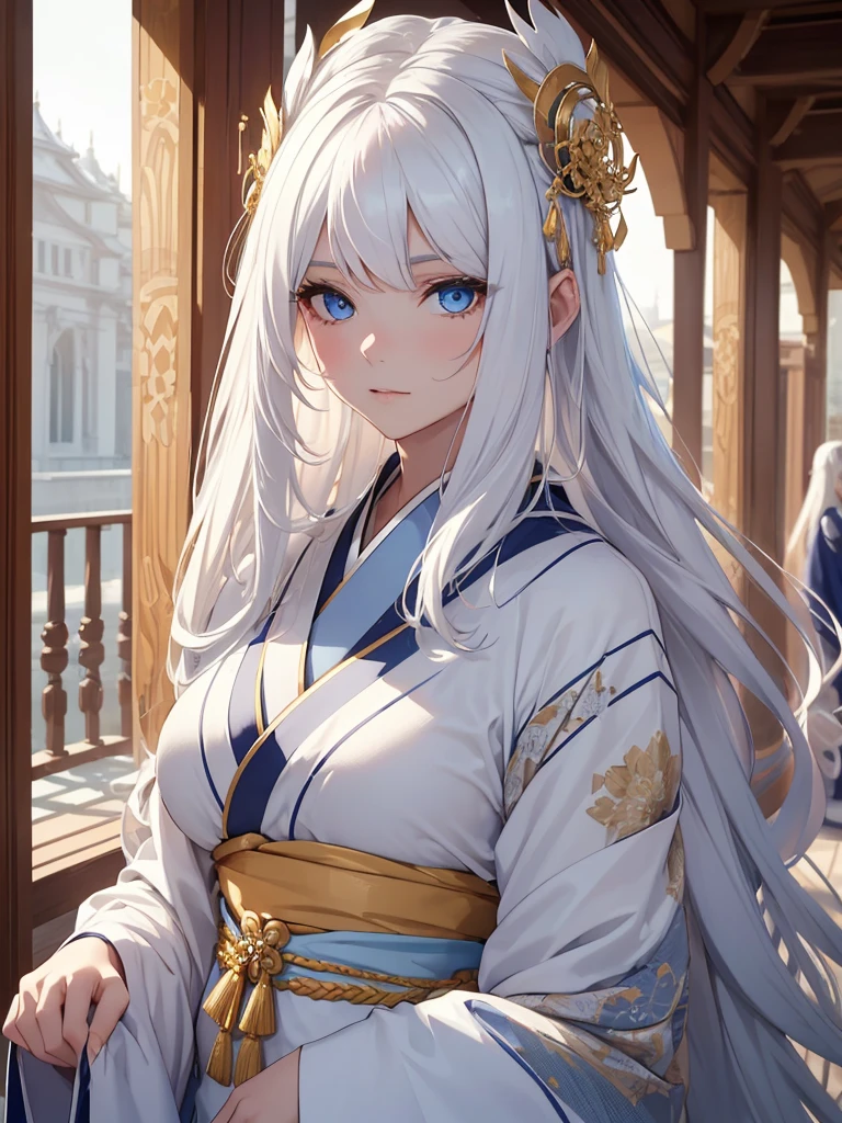 (8K, Best Quality, Masterpiece, Ultra High Resolution) 1 Girl, Woman, Beautiful Eyes, Face Details, White Hair, Long Hair, Flowy Hair, Blue Eyes, Pale Skin, Royal Kimono, White Kimono, Gold Details, Heavenly Palace, Best Quality, Upper Body, Looking at the Viewer, Facing Viewer, Close Up