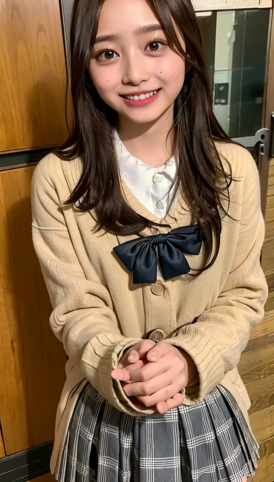 (cowboy shot),Ultra-high resolution,big eyes,(brown eyes),Japanese,(forehead),(a girl),(1 girl),(()),(cute),pretty,((facing at viewer)),grin,(school uniform)