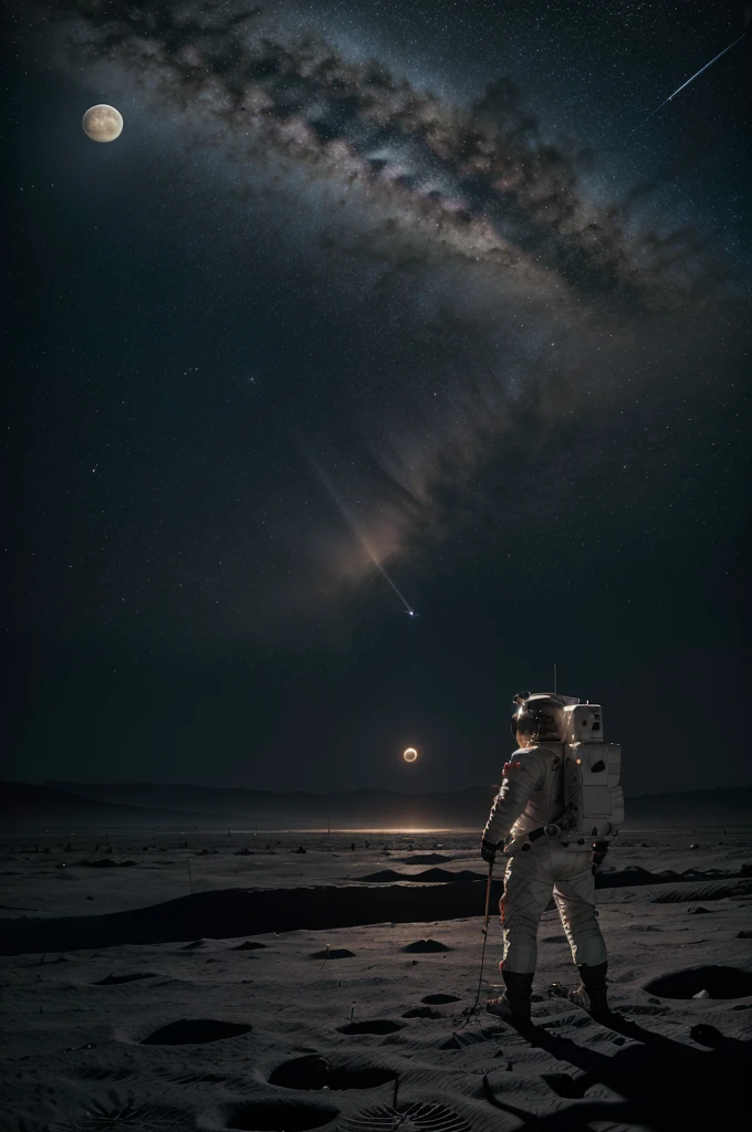 The astronaut on the surface of the moon with craters illuminated by the sun, looking at the earth in the distance on the horizon of the moon, and in the background the universe shining with nebulae, planets and stars 