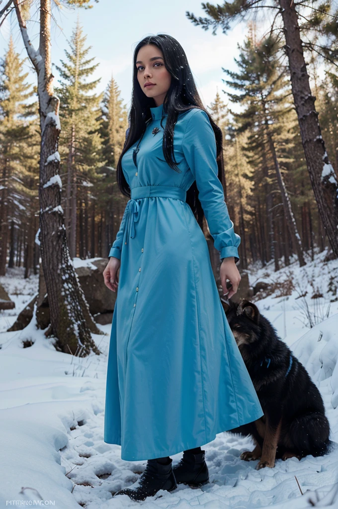 Marvel comic artstyle, a girl with long black hair and sky blue eyes in a snowy forest setting and wearing a noble dress with a wolf on her side