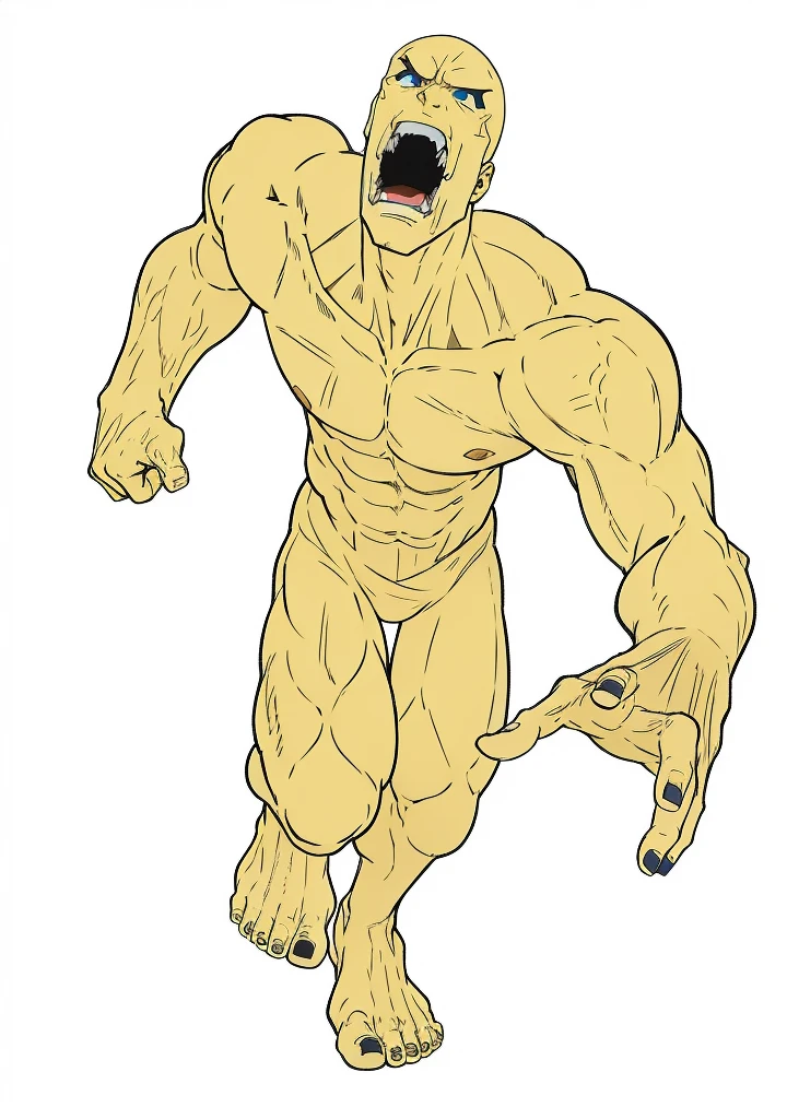 Generate an anime style art image of a very strong man , and quite scary,he must be running barefoot and anime style art