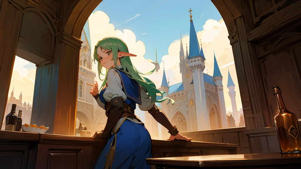 Anime Style,Nostalgic,Detailed background,The medieval world,A lively bar with lots of people,Beautiful sky,A beautiful bard elf girl looking back at me