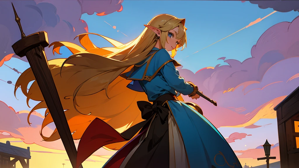 Anime Style,Nostalgic,Detailed background,The medieval world,A lively bar with lots of people,Beautiful sky,A beautiful bard elf girl looking back at me
