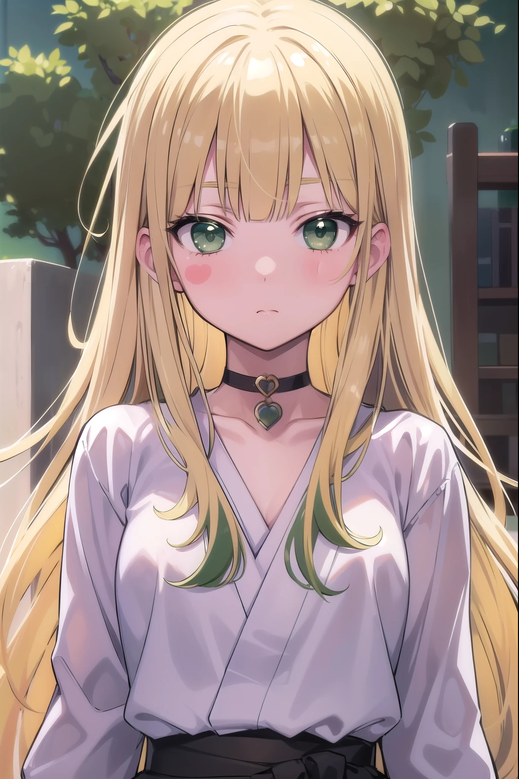 Masterpiece, best quality, Colorful characters, Perfect lighting, Blonde Hair, choker,(Green Eyes:1.5), Long Hair, high school student,Japanese ,blush, blush stickers, Have,break looking at viewer,