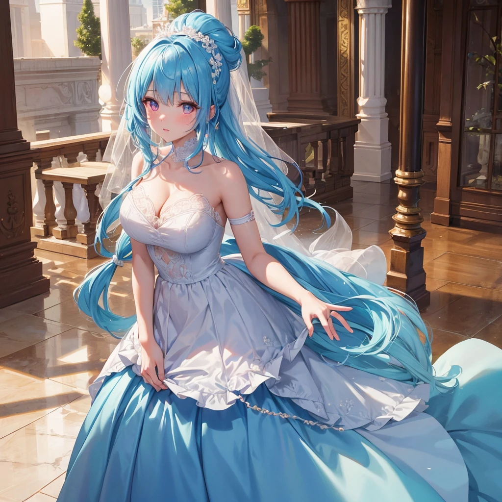 sky Blue hair, (braided ponytail),(pink eyes),fair skin ,(full body),(1 girl),bride,blush,Straight Bangs, June Bride,Wedding dress,(masterpiece, best quality, ultra-detailed, best shadow), (detailed background), (beautiful detailed face), high contrast, (best illumination, an extremely delicate and beautiful), ((cinematic light)), colorful, hyper detail, dramatic light, intricate details,Wedding hall,