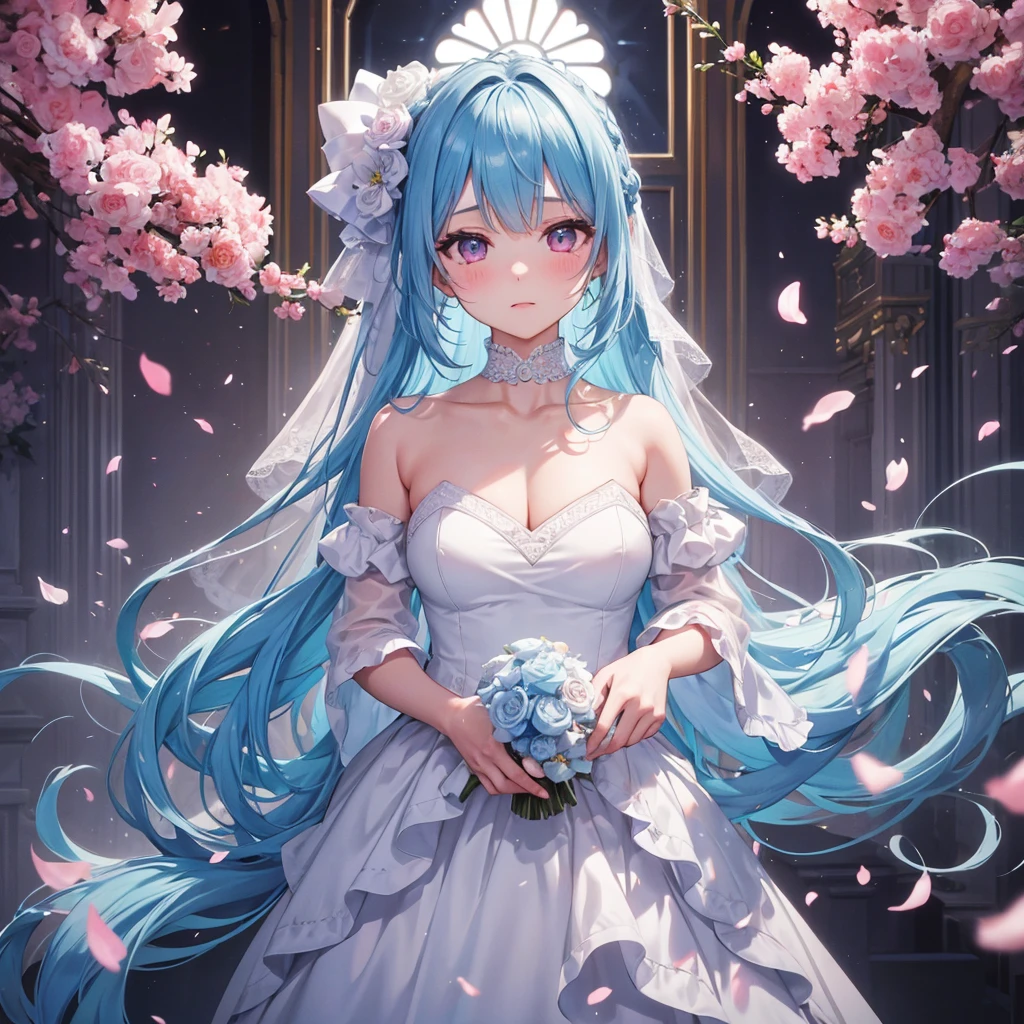 sky Blue hair, (braided ponytail),(pink eyes),fair skin ,(full body),(1 girl),bride,blush,Straight Bangs, June Bride,Wedding dress,(masterpiece, best quality, ultra-detailed, best shadow), (detailed background), (beautiful detailed face), high contrast, (best illumination, an extremely delicate and beautiful), ((cinematic light)), colorful, hyper detail, dramatic light, intricate details,Wedding hall,