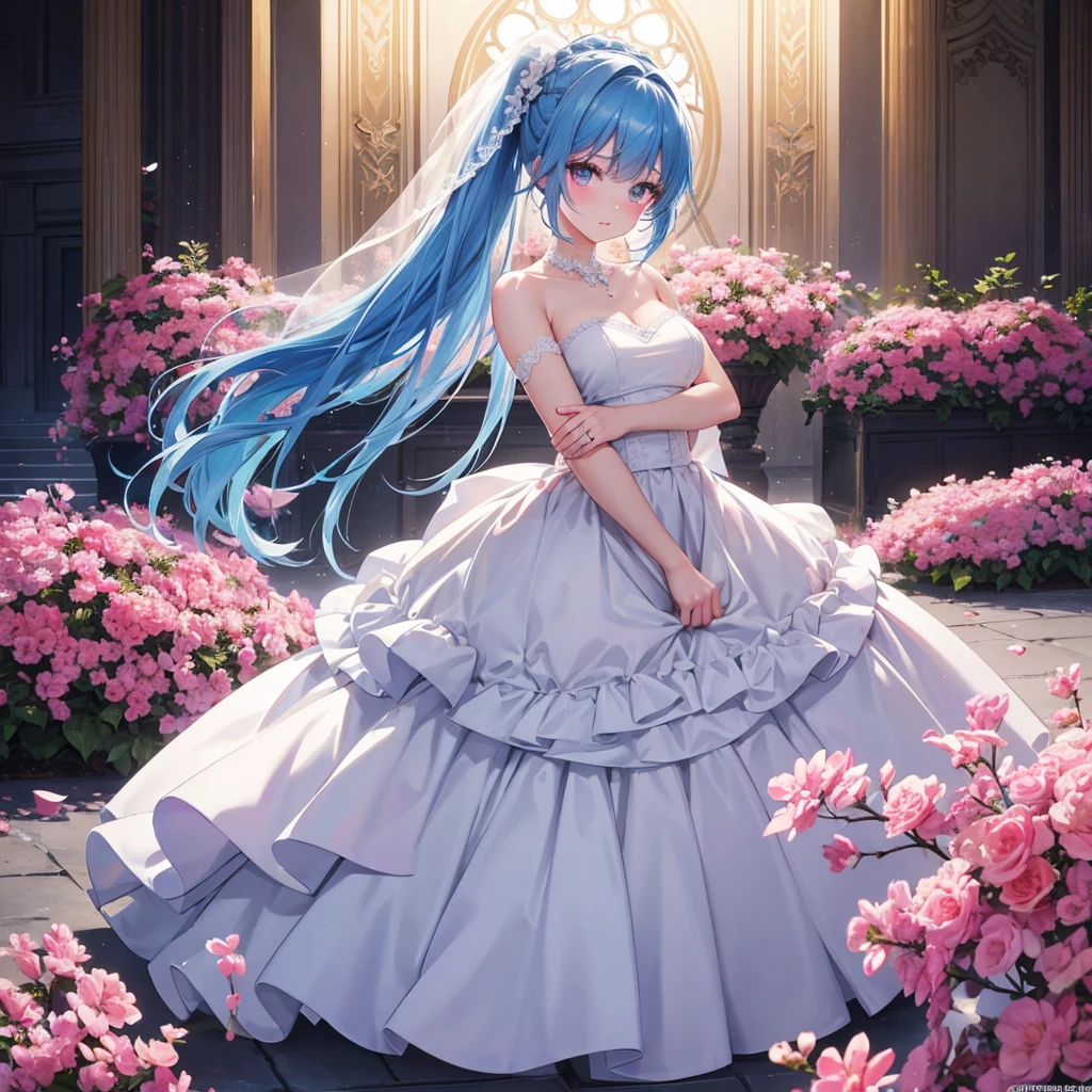 sky Blue hair, (braided ponytail),(pink eyes),fair skin ,(full body),(1 girl),bride,blush,Straight Bangs, June Bride,Wedding dress,(masterpiece, best quality, ultra-detailed, best shadow), (detailed background), (beautiful detailed face), high contrast, (best illumination, an extremely delicate and beautiful), ((cinematic light)), colorful, hyper detail, dramatic light, intricate details,Wedding hall,