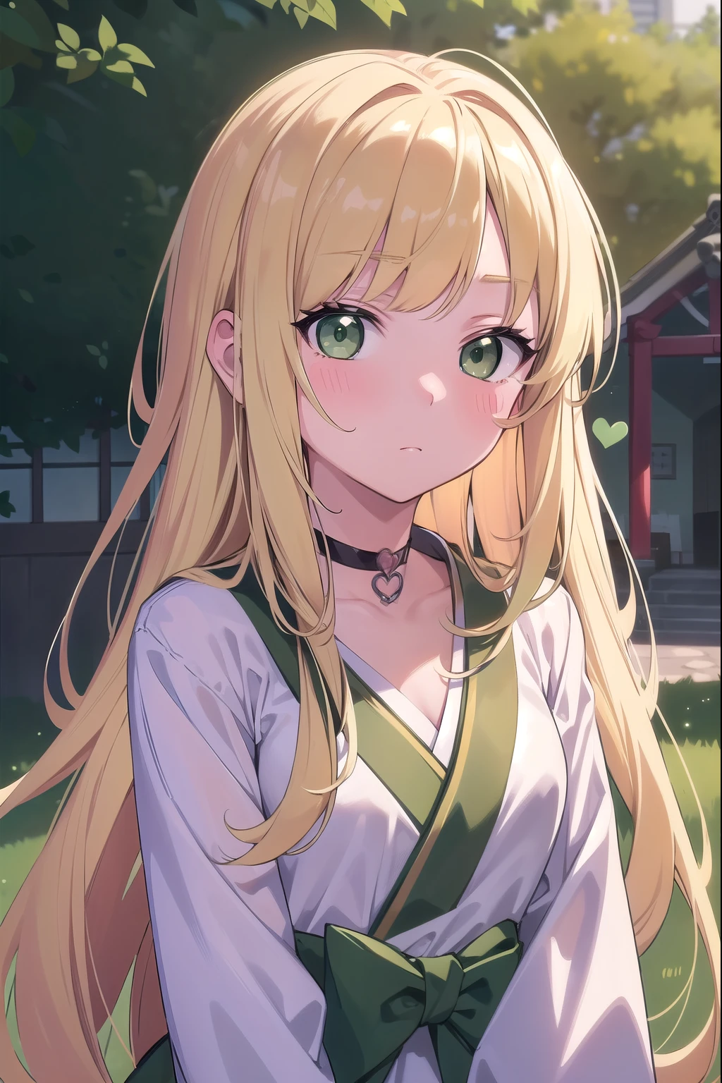Masterpiece, best quality, Colorful characters, Perfect lighting, Blonde Hair, choker,(Green Eyes:1.5), Long Hair, high school student,Japanese ,blush, blush stickers, Have,break looking at viewer,
