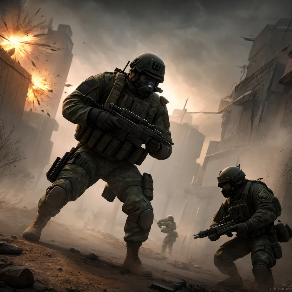 a highly detailed military tactical operation, a group of armed soldiers storming a rebel stronghold, capturing enemy combatants, dramatic action scene with intense combat, gritty realism, cinematic lighting, muzzle flashes, explosions, tactical gear and weapons, intense facial expressions, dynamic poses, dark moody color palette, volumetric fog, depth of field, cinematic camera angles, masterpiece, best quality, 8k, photorealistic, 3d render, concept art style