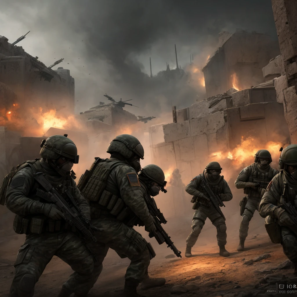 a highly detailed military tactical operation, a group of armed soldiers storming a rebel stronghold, capturing enemy combatants, dramatic action scene with intense combat, gritty realism, cinematic lighting, muzzle flashes, explosions, tactical gear and weapons, intense facial expressions, dynamic poses, dark moody color palette, volumetric fog, depth of field, cinematic camera angles, masterpiece, best quality, 8k, photorealistic, 3d render, concept art style