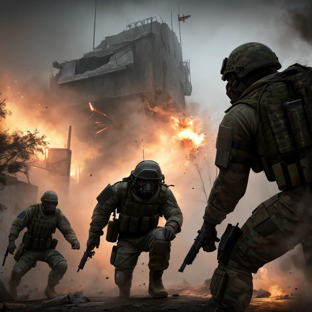 a highly detailed military tactical operation, a group of armed soldiers storming a rebel stronghold, capturing enemy combatants, dramatic action scene with intense combat, gritty realism, cinematic lighting, muzzle flashes, explosions, tactical gear and weapons, intense facial expressions, dynamic poses, dark moody color palette, volumetric fog, depth of field, cinematic camera angles, masterpiece, best quality, 8k, photorealistic, 3d render, concept art style