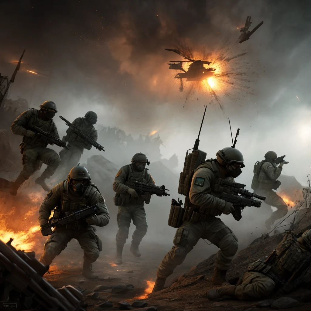 a highly detailed military tactical operation, a group of armed soldiers storming a rebel stronghold, capturing enemy combatants, dramatic action scene with intense combat, gritty realism, cinematic lighting, muzzle flashes, explosions, tactical gear and weapons, intense facial expressions, dynamic poses, dark moody color palette, volumetric fog, depth of field, cinematic camera angles, masterpiece, best quality, 8k, photorealistic, 3d render, concept art style